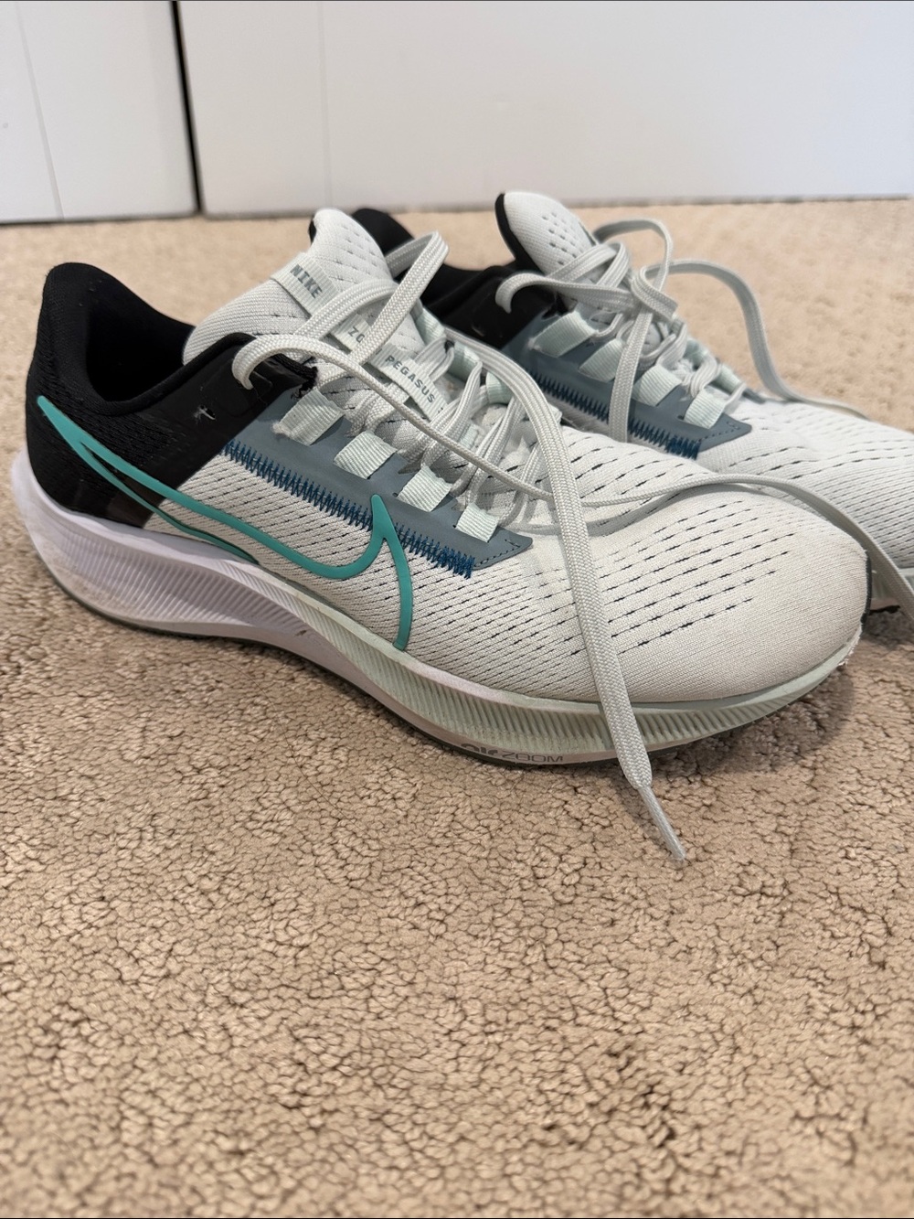 Nike Women's Pegasus 38 Sneakers in Mint and Black with Teal Swoosh